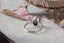 The Fern engagement ring by The North Way Studio and Claire Pettibone viewed facing away to show details of the band. Hand carved leaf and bark band with dark green oval sapphire and natural diamonds.
