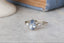14 karat white gold and natural sapphire engagement ring, three stone pear cut sapphire engagement ring.