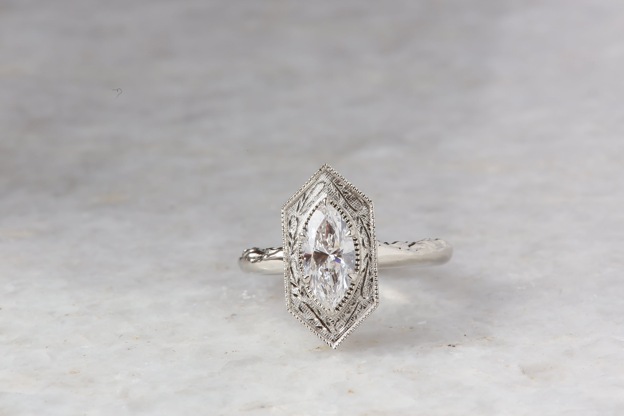 The Hidden Gate Solitaire Ring - Lab Grown Marquise Cut Diamond