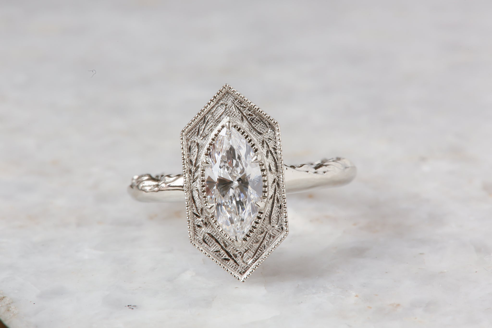 The Hidden Gate Solitaire Ring - Lab Grown Marquise Cut Diamond