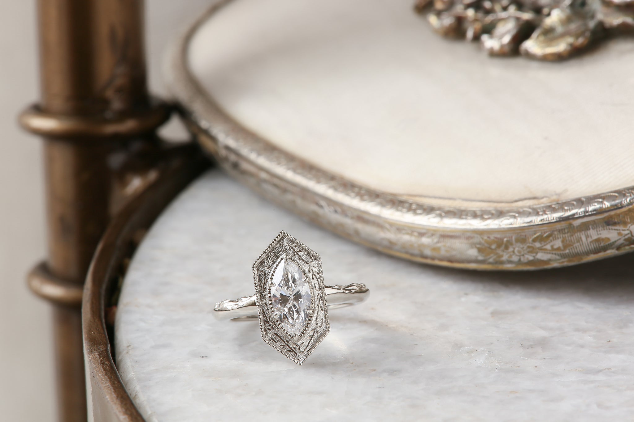 The Hidden Gate Solitaire Ring - Lab Grown Marquise Cut Diamond