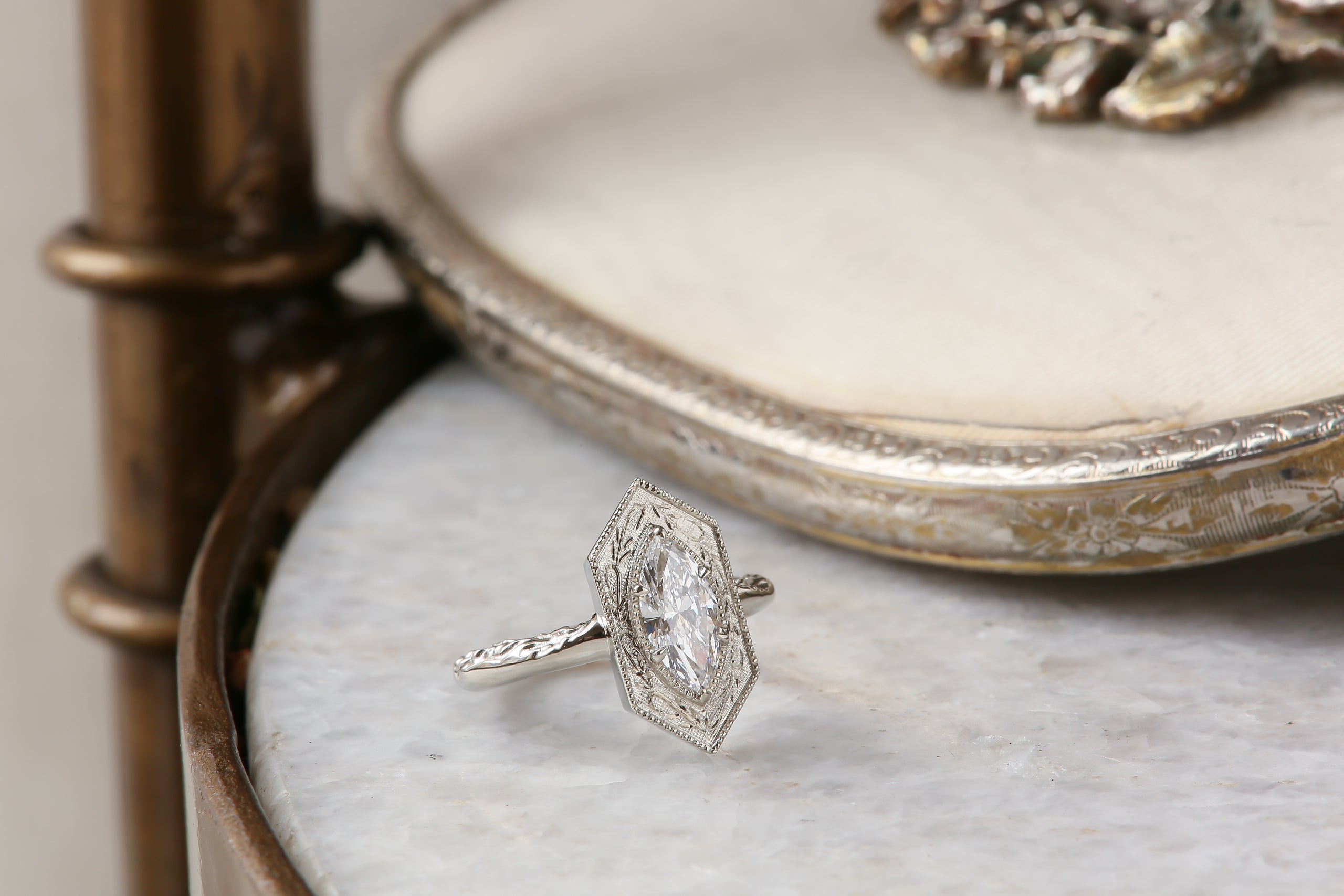 The Hidden Gate Solitaire Ring - Lab Grown Marquise Cut Diamond