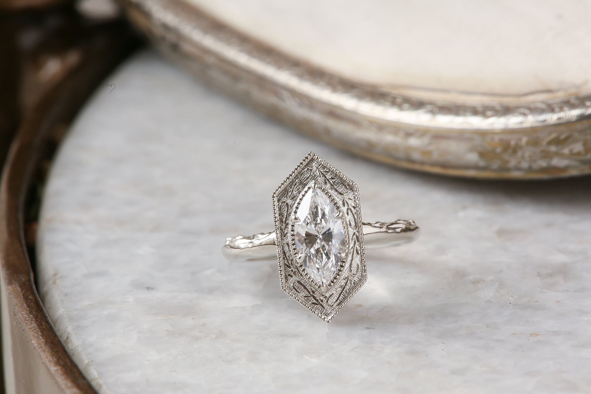 The Hidden Gate Solitaire Ring - Lab Grown Marquise Cut Diamond