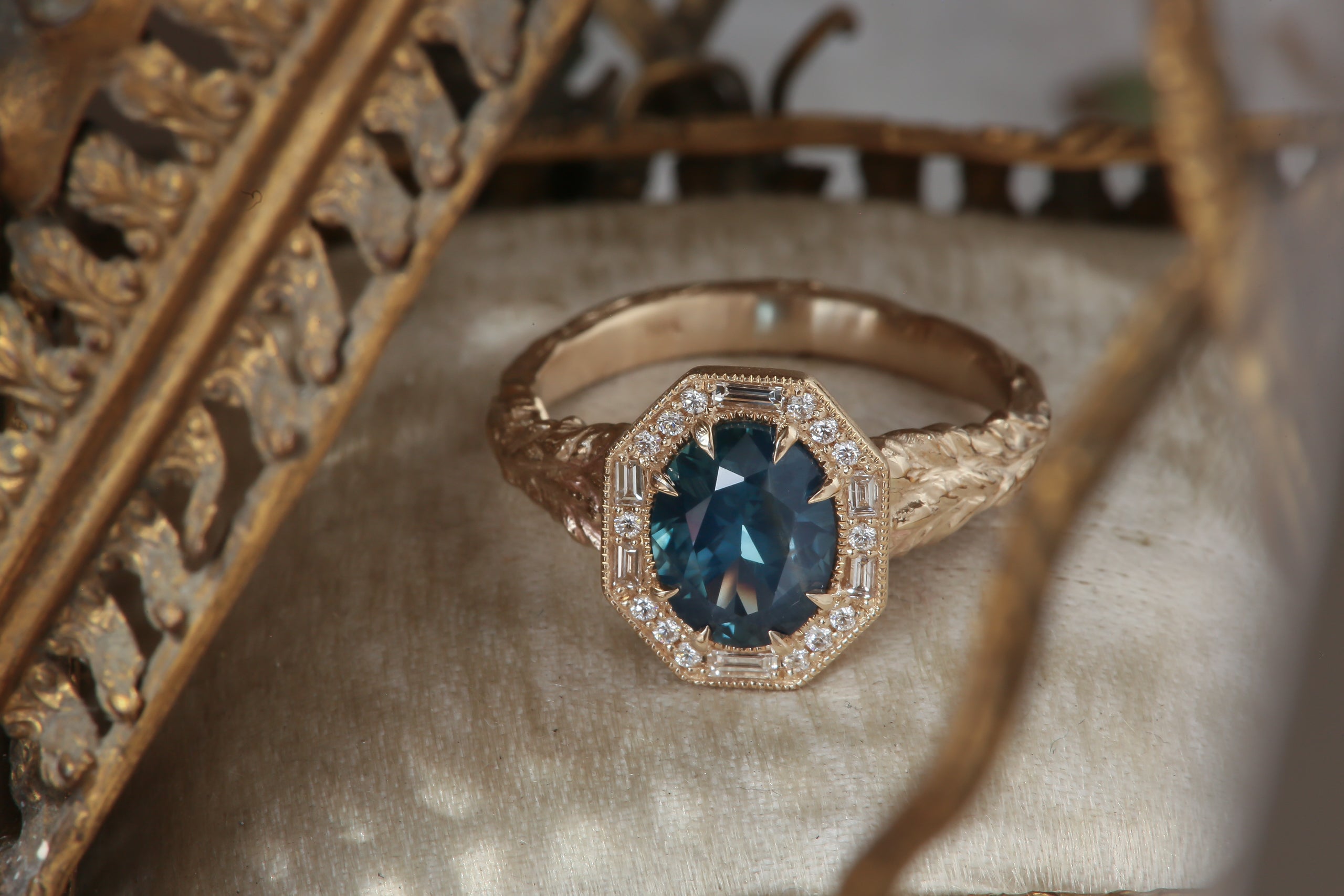 The Hinterland Ring in Natural Teal Blue Sapphire