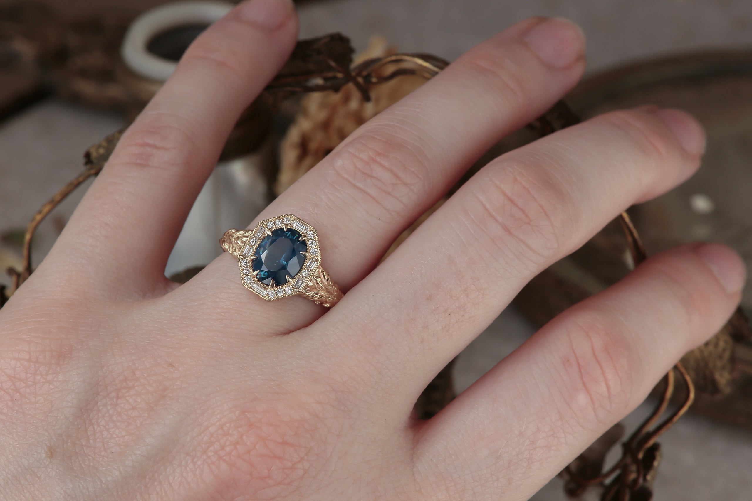 The Hinterland Ring in Natural Teal Blue Sapphire