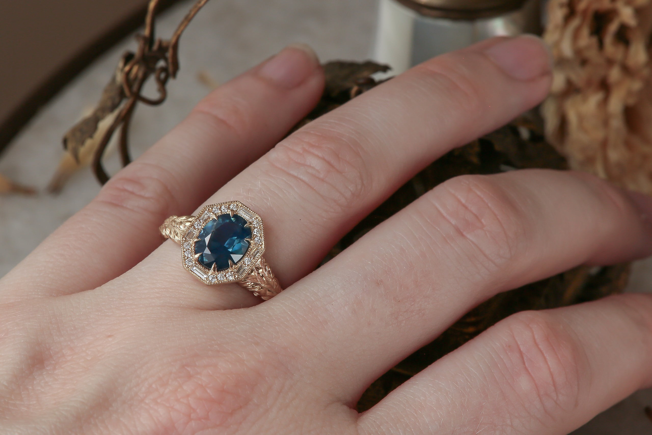 The Hinterland Ring in Natural Teal Blue Sapphire