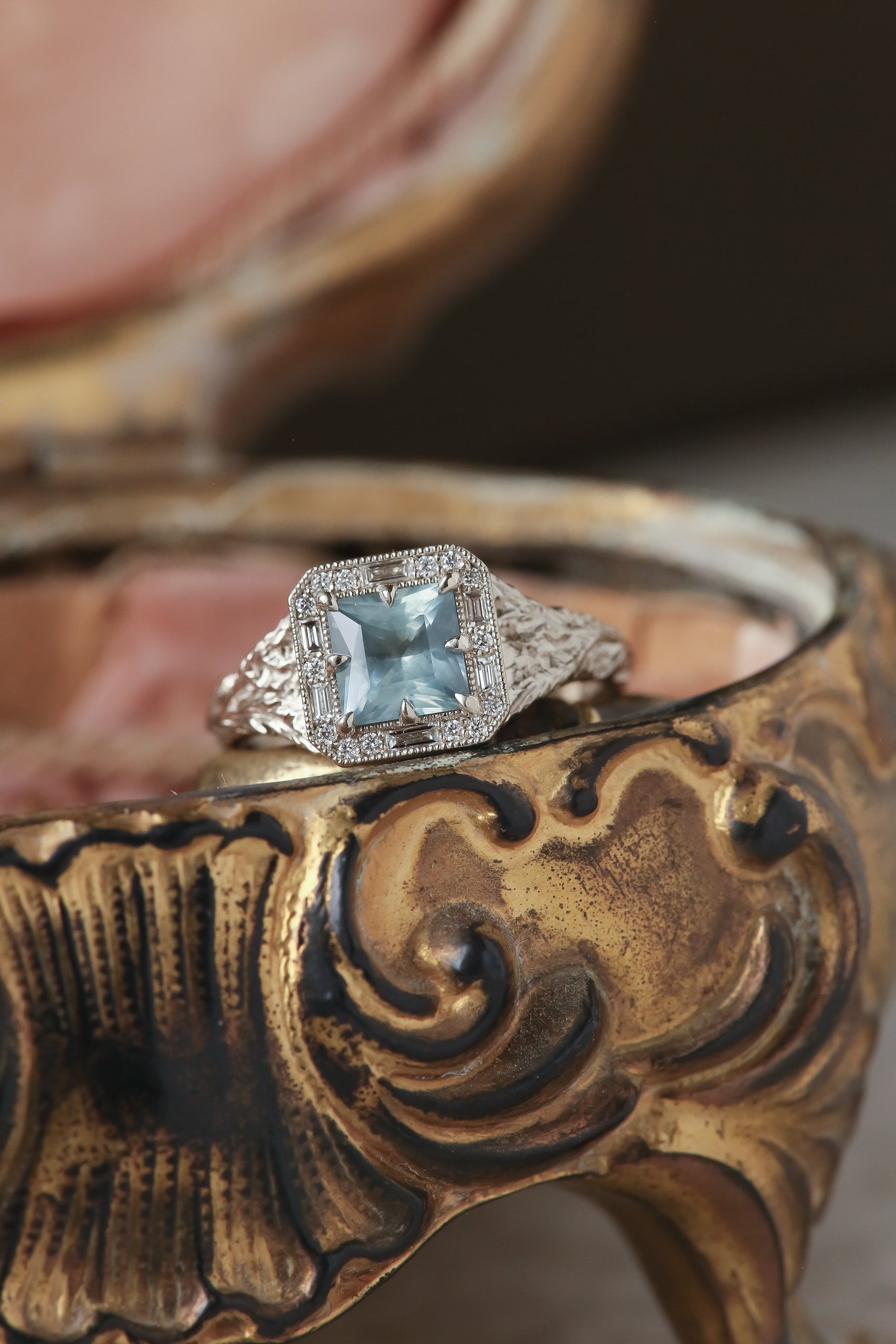 The Spire Signet Ring in Natural Blue Princess Cut Montana Sapphire and Diamond Halo