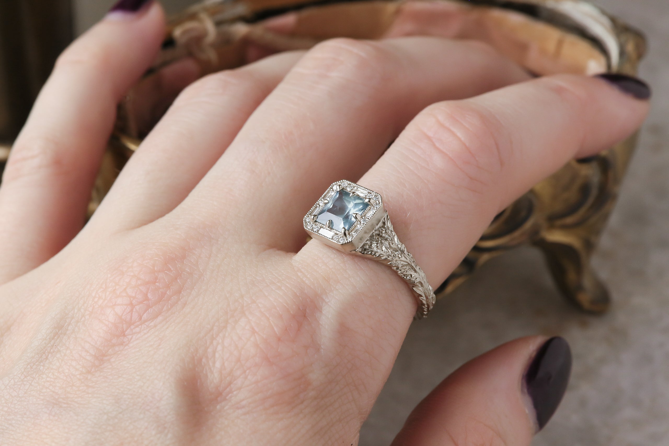 The Spire Signet Ring in Natural Blue Princess Cut Montana Sapphire and Diamond Halo