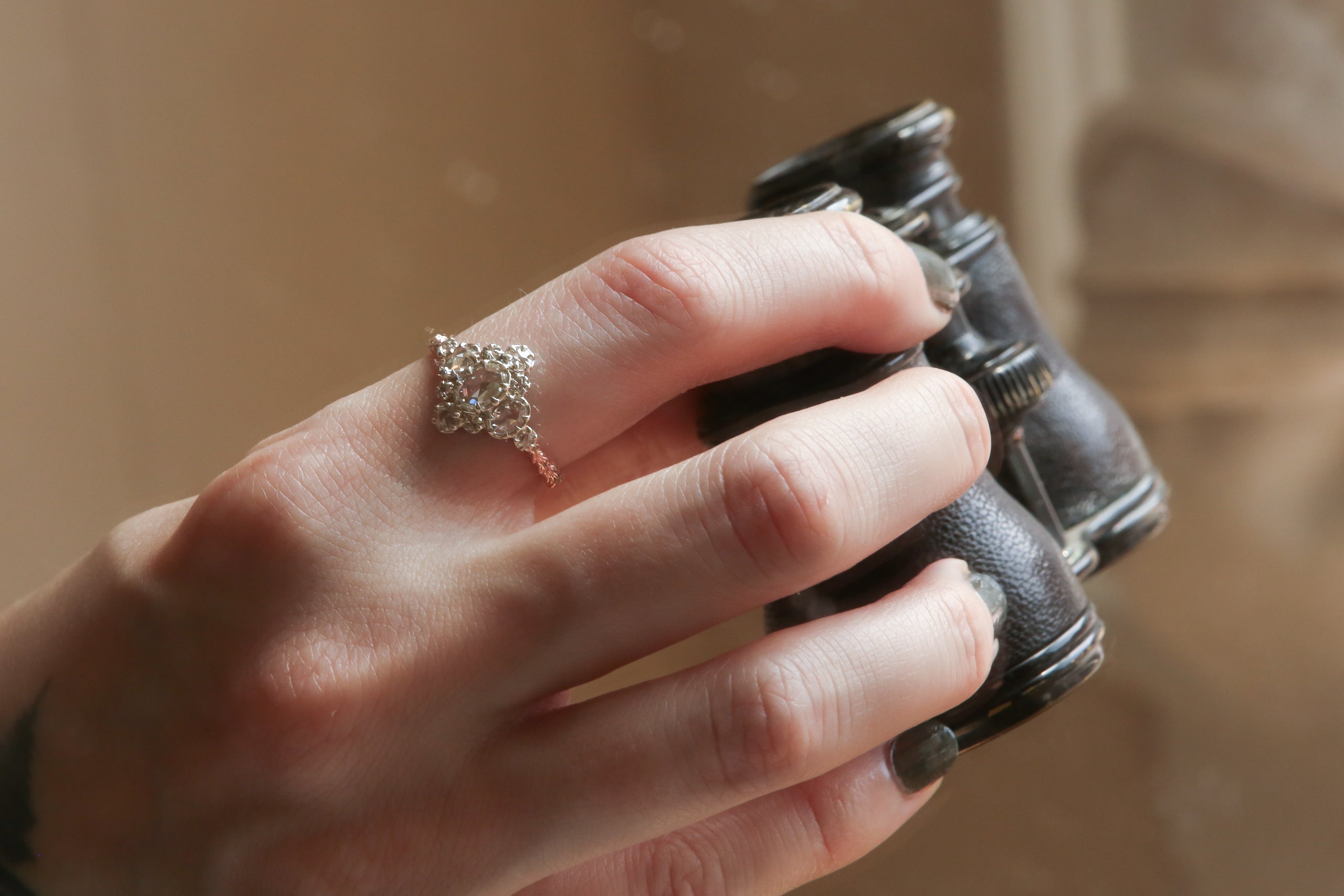 Natural rose cut diamond cluster ring in dual-toned 14 karat white and rose gold, low profile antique inspired engagement ring. 