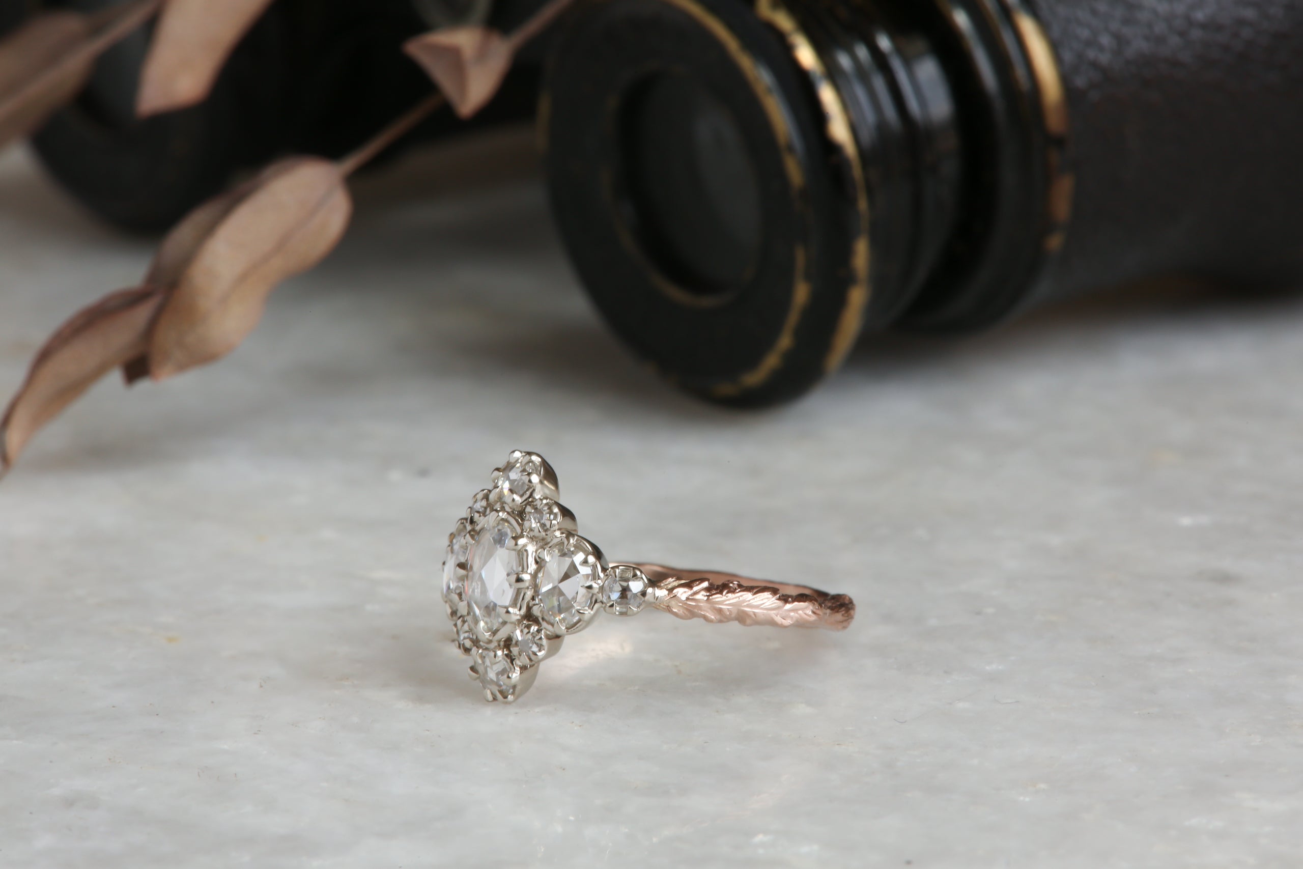 Natural rose cut diamond cluster ring in dual-toned 14 karat white and rose gold, low profile antique inspired engagement ring. 