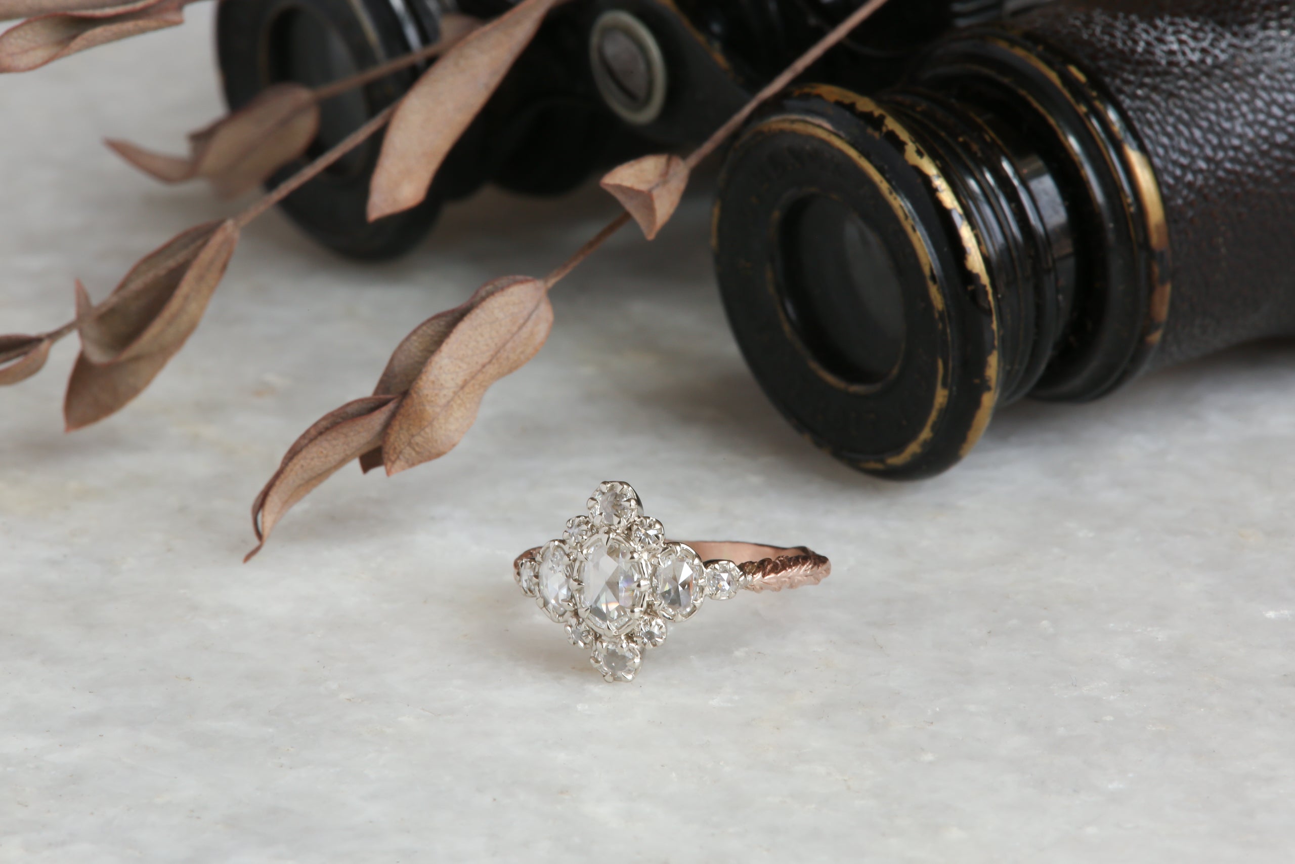 Natural rose cut diamond cluster ring in dual-toned 14 karat white and rose gold, low profile antique inspired engagement ring. 
