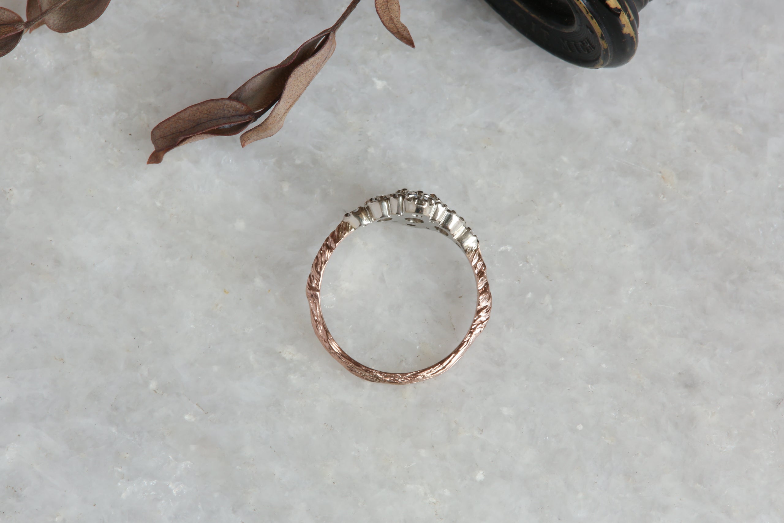 Natural rose cut diamond cluster ring in dual-toned 14 karat white and rose gold, low profile antique inspired engagement ring. 