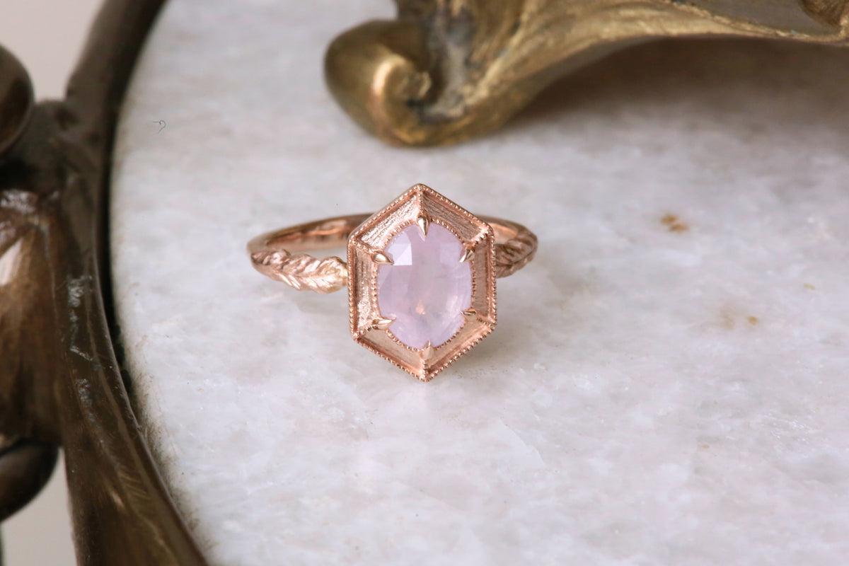The Helm Ring in Natural Opalescent Light Pink Sapphire
