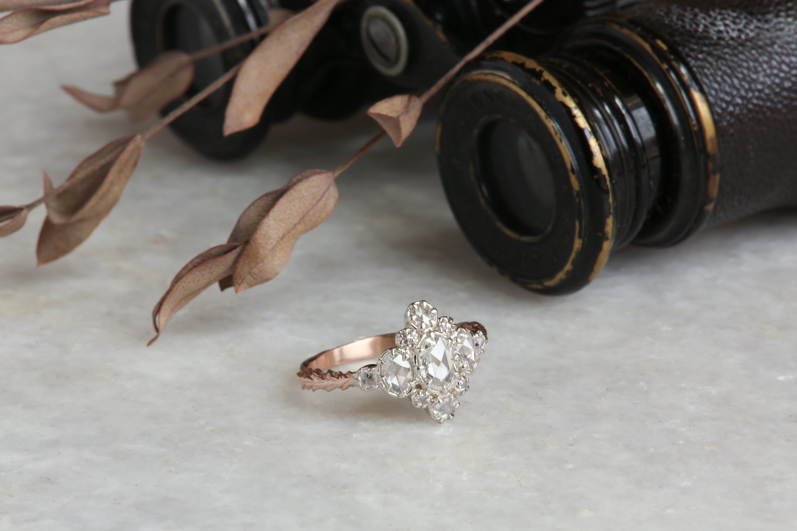 Natural rose cut diamond cluster ring in dual-toned 14 karat white and rose gold, low profile antique engagement ring. 